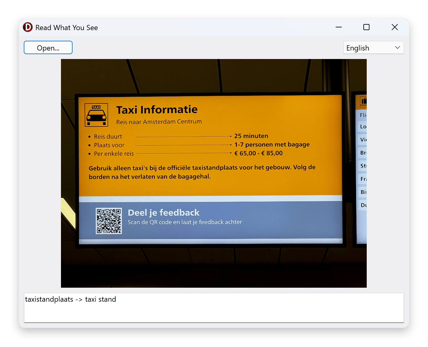 ReadWhatYouSee after clicking a word: the Dutch 'taxistandplaats' translated to 'taxi stand' in the result memo