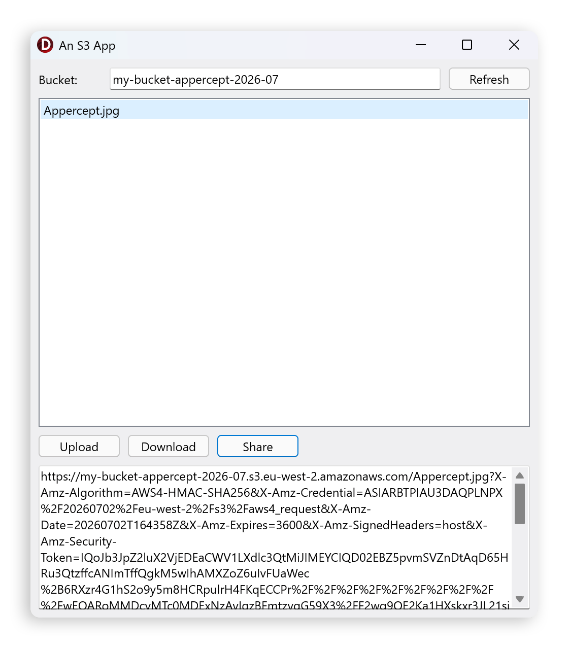 The running app after uploading a file and generating a presigned URL