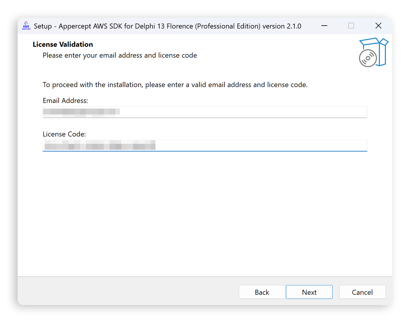 Licence validation: email address and licence code