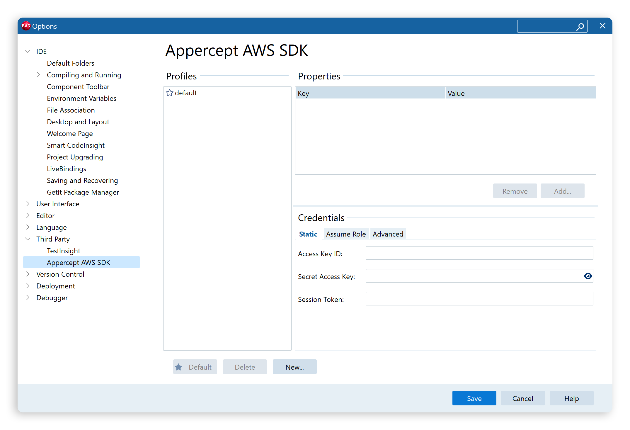 Tools > Options > Third Party > Appercept AWS SDK