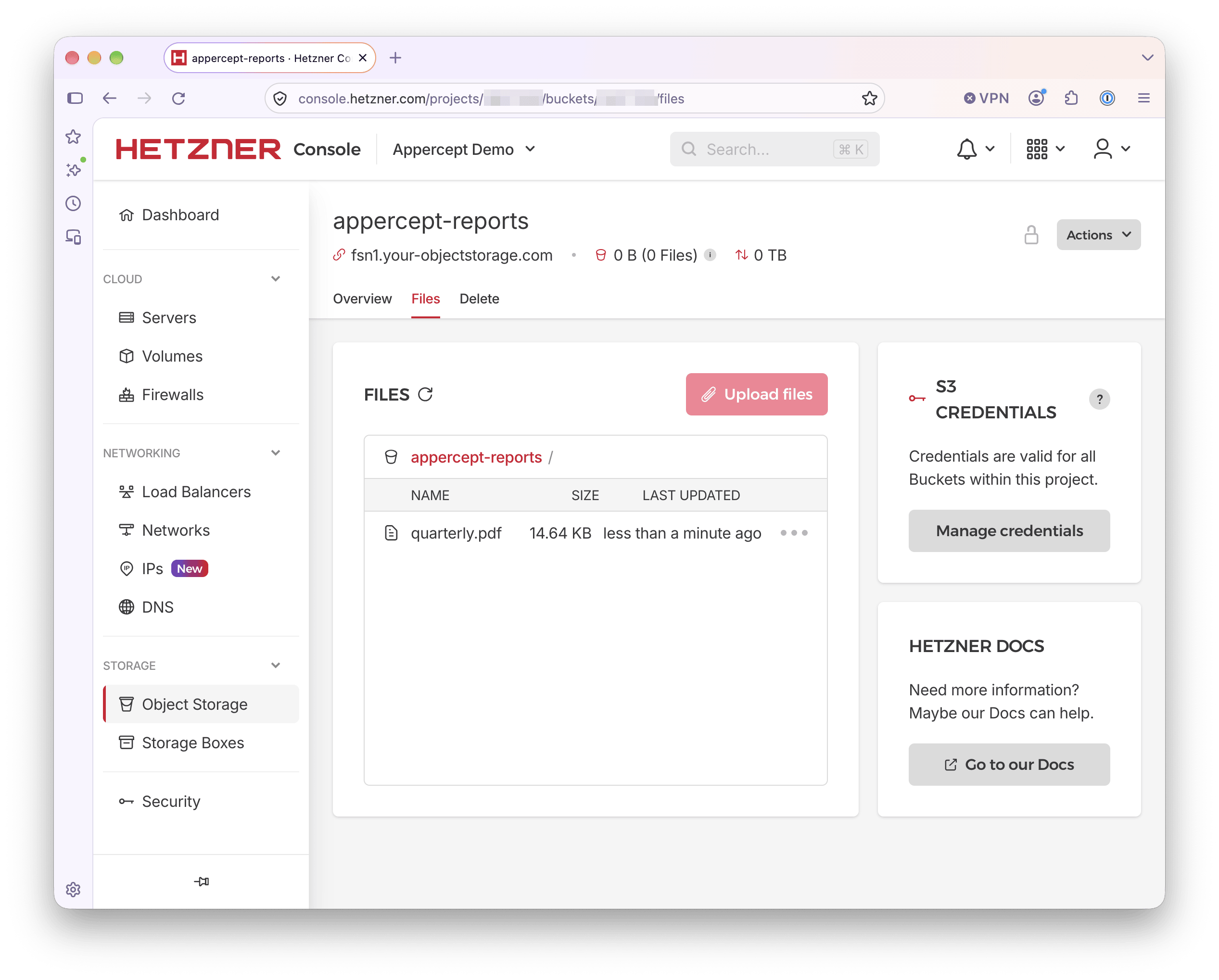 The bucket's Files tab